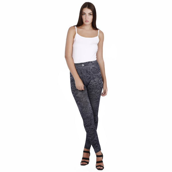 Jaune Blue Denim Style Abstract Wash Print Leggings