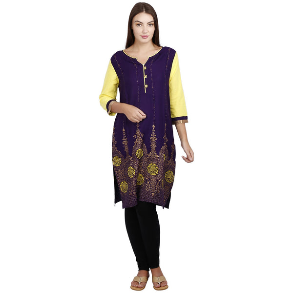 Jaune Purple Arabesque Floral Printed Kurta