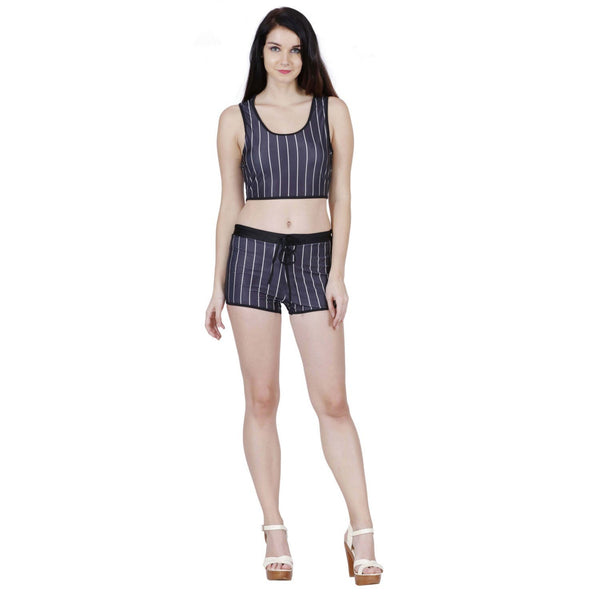 Jaune Striped Hooded Tank Top and Hot Shorts Brazilian Sport Suit - Black
