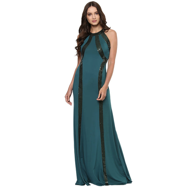 Jaune Paris Shimmer Sequin Halter Empire Gown - Blue  Green