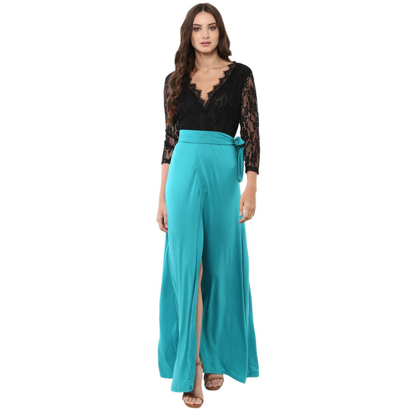 Jaune Paula Ocean Green Designer Lace A Line Gown
