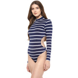 Jaune Blue White Striped Back Cut-out Zipper Bodysuit