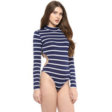 Jaune Blue White Striped Back Cut-out Zipper Bodysuit