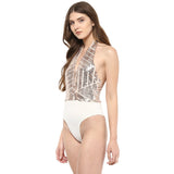 Jaune Sequin Plunge V Neck Halter Thong Bdysuit